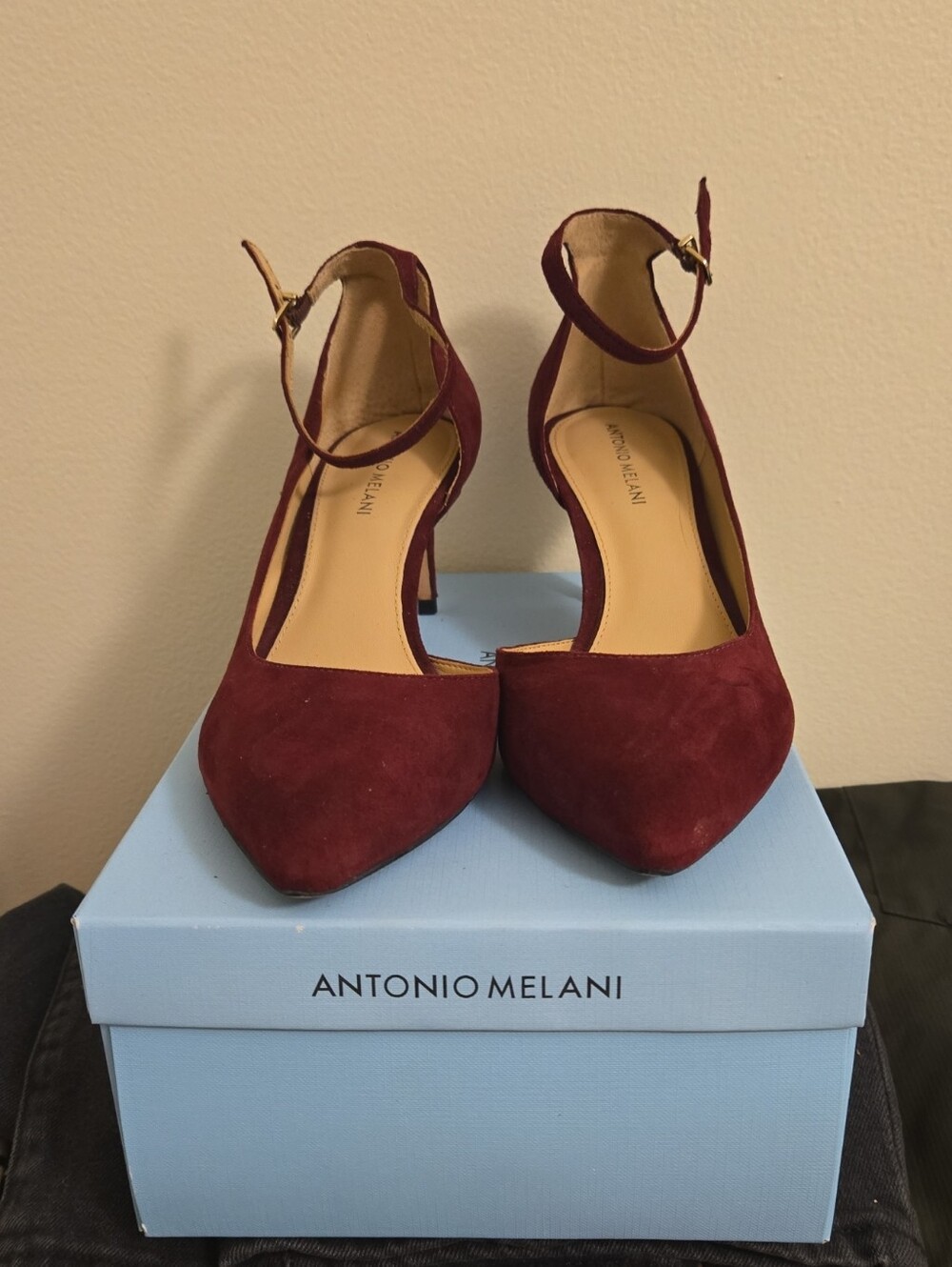 ANTONIO MELANI Burgundy Suede Pointed-Toe Ankle-Strap Pumps